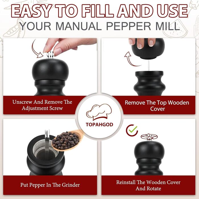 Набір з 2 шт. ручних мельниць для солі, перцю та чилі - дерев'яні солянки та перечниці, класичне регулювання помелу, для солі, перцю, чилі, чорний та білий колір