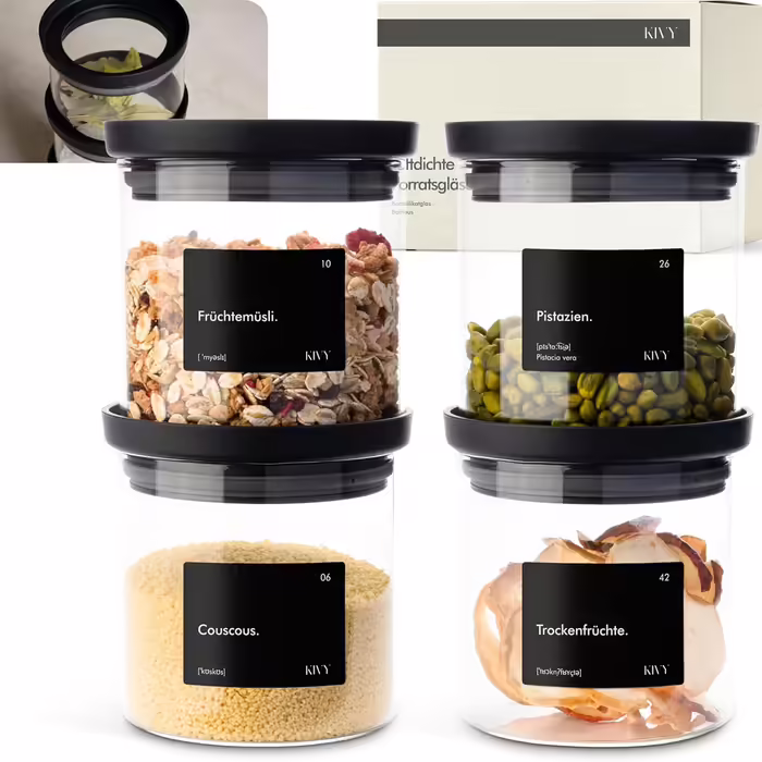KIVY Storage Jars with Transparent Glass Lids [4x 500ml] Airtight Storage Jars with Lids - Storage Containers with Lids Airtight Glass Storage with Lid - Storage Containers Kitchen