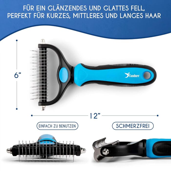 Професійна щітка для собак та котів Candure, довге волосся, догляд за шерстю, гребінець, двосторонні зубчики, 17+9, видаляє ковтуни, шерсть з меблів (Блакитна)
