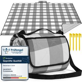 Плед для пікніка HAUSPROFI 200x200 см, водонепроникний, ізольований - великий плед для пікніка, пляжу, саду, кемпінгу. Бавовняний, з ручкою та кілочками, сіро-білий в клітинку