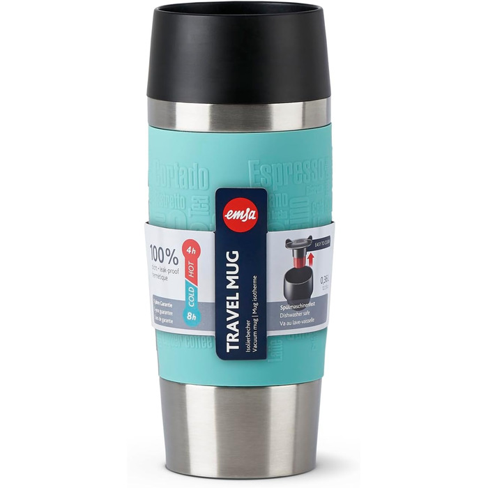 Термокружка Emsa Travel Mug Classic, 360 мл, Mintgrün, з рукавом, 4 год гаряче, 8 год холодне, 100% герметична