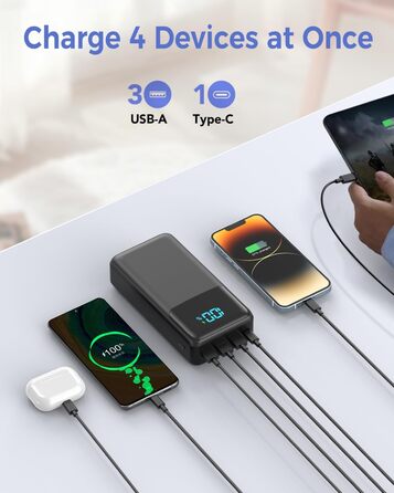 Power Bank 60000mAh з LED дисплеєм, 22.5W швидка зарядка, 4 виходи USB-C, чорний