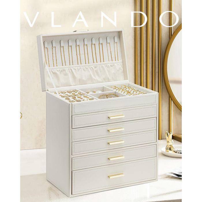 Скринька для прикрас Vlando Modern Beige з 6 ярусами, дзеркалом та відділенням для годинників