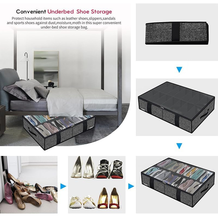Підліжкова комода для взуття Homyfort 2 шт. з прозорим кришкою - органайзер для взуття. Містка коробка для зберігання взуття з 14 + 4 відділеннями, сірий льон, XDUBS14S4 (Чорний, XL)