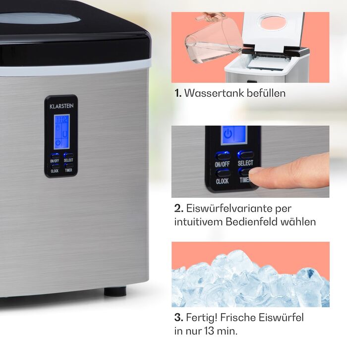 Машина для приготування льоду Klarstein Eiswürfelmaschine, 3.3 л, чорна, для 15 кг льоду, 2 розміри