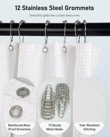 Шторка для душу Uniclife Біла, 180x180 см, вафельна текстура, водовідштовхувальна, 100% поліестер, з 12 нержавіючими люверсами, з 12 металевими гачками та обтяженим краєм, H183 x B183 см (1 шт.)