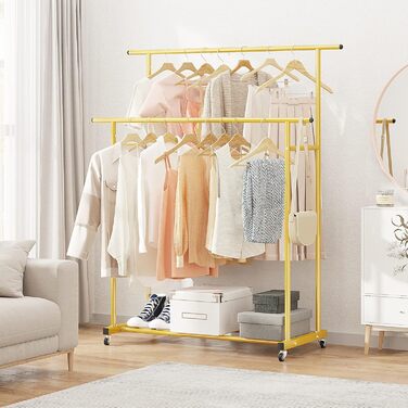 Clothes rack with double bar, rolling clothes rack, portable clothes rack for bedroom, living room, clothing store, gold