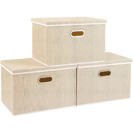 Yawinhe 3-Piece Storage Boxes with Lids, Foldable Fabric Boxes with Handles, Storage Boxes, for Bedroom, Clothes Storage, 32x23x20cm, SNK023G-3 (45x30x30cm/3-Pack, Beige)