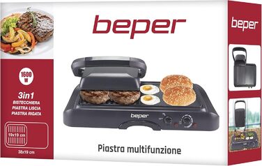 BEPER Electric Grill with Glass Lid - Non-Stick Coated Plate, Stainless Steel, 1600W