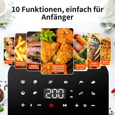 TOKIT Фритюрниця повітряна 1500W, 4.5L, 10 функцій, 360° циркуляція, низький вміст жиру, швидка приготування, компактна (чорний)