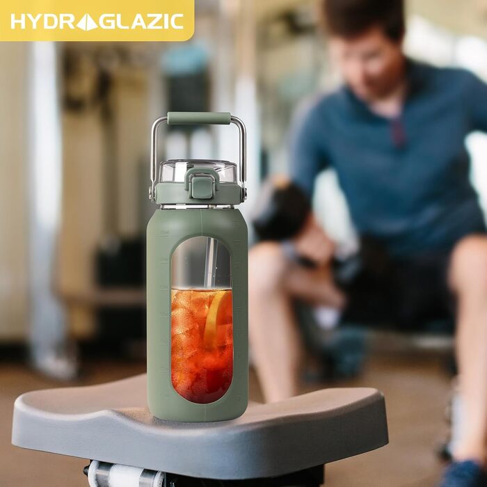 1.9L Glass Water Bottle, Glass Drinking Bottle with Straw and Stainless Steel Handle, Motivational Water Bottle with Silicone Sleeve and Time Marker, Water Pitch, (Olive2, 1900ML)