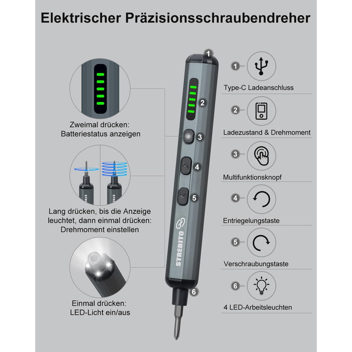 Міні-шуруповерт STREBITO 70-в-1: комплект з 64 бітами, 5 режимів крутного моменту, LED-підсвічуванням, сірий