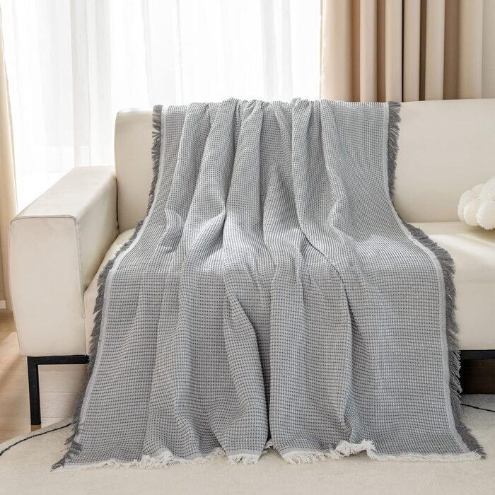 LHGOGO Waffle Throw Blanket 180x300cm Large 3-Seater Sofa Throw Versatile Living Room Blanket as Sofa Throw, Couch Cover, Sofa Cover, and Bedspread with Decorative Tassels - Light Grey
