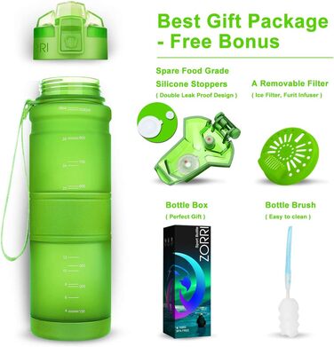 ZORRI Sport Water Bottle for Kids, 500 ml/700 ml/1000 ml, BPA-free, eco-friendly Tritan plastic, reusable water bottles with filter, 1000ml-32oz (Green-400ml, 414 ml)