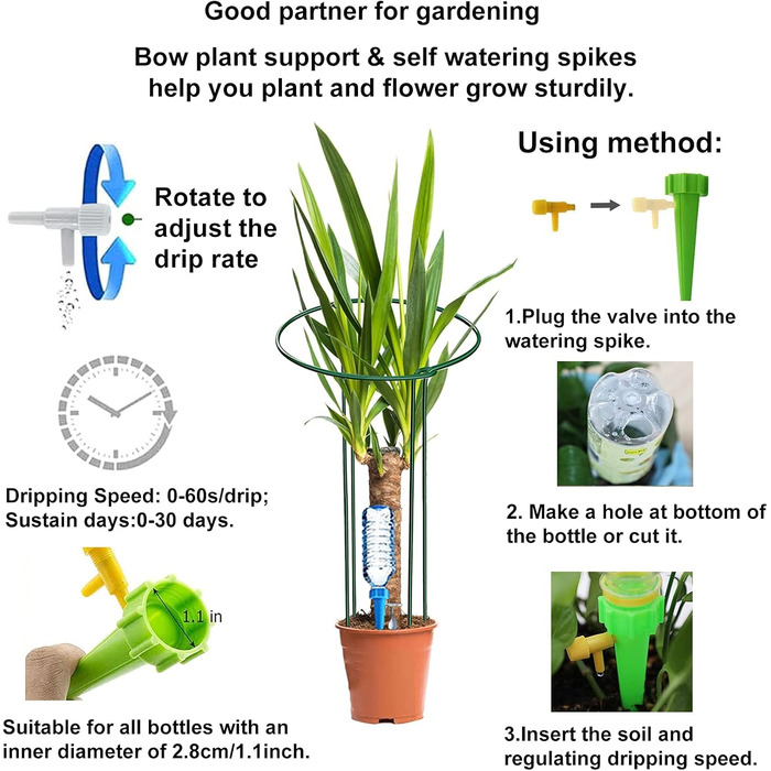 KAZITOO 8 Pack Large 60cm Tall Arch Plant Support Stakes, 4mm Thick Metal Garden Supports Green Half-Round Flower Rings with 4 Self-Watering Tips for Peonies, Hydrangeas, Monstera (60x30cm)