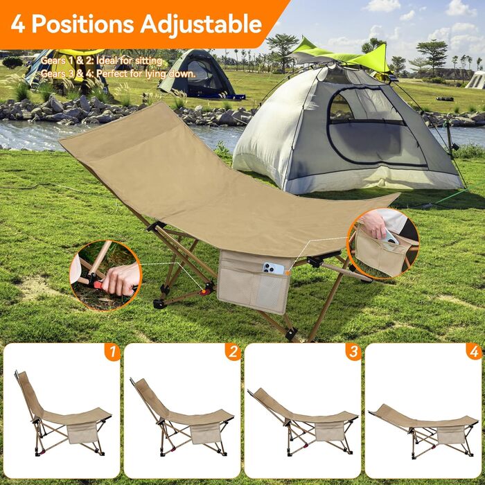 Складний туристичний стілець для кемпінгу та відпочинку на природі (150 кг), легкий, з регулюванням кута нахилу, з сумкою, хакі