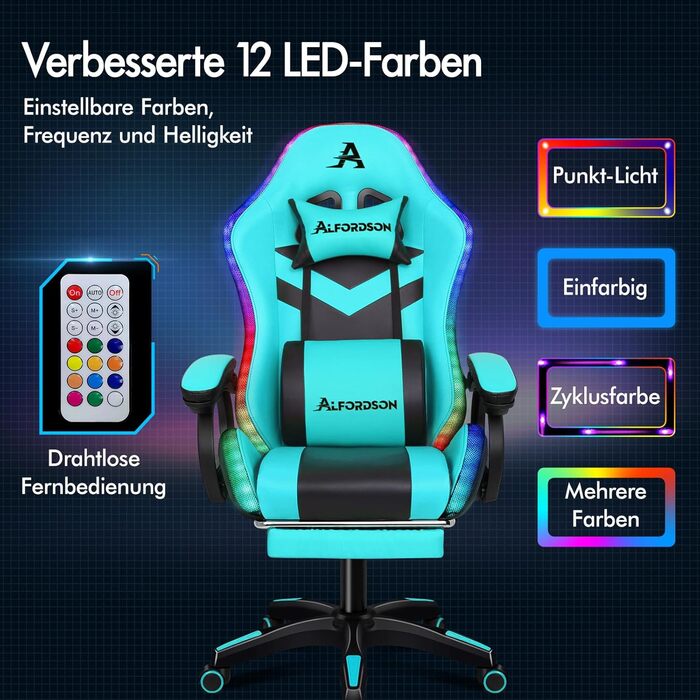 Ігровий крісло ALFORDSON з 8-точковим масажем, RGB LED-підсвічуванням (12 кольорів), ергономічний офісний крісло з підніжкою, підголівником та поперековою подушкою для дітей та дорослих, з PU-шкіри (Цянь)