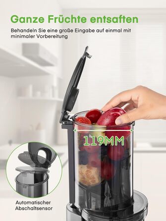 FOHERE Slow Juicer, Vegetable and Fruit Extractor, 119MM Opening, Electric Cold Press with Quiet 200 Watt Motor, Easy to Clean with Double-Layer Filter and Reverse Function