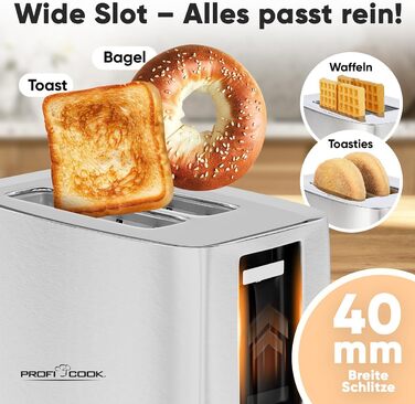 Тостер ProfiCook PC-TA 1244: 2 відділення, широкі слоти, 7 рівнів підсмажування, зйомна крихта, корпус з нержавіючої сталі, сенсорне керування, насадка для тостів