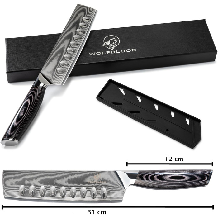 Ніж кухонний Wolfblood PRO Nakiri Damast XL 31 см, сталь Дамаск 67 шарів, 62 HRC, дерев'яна ручка, подарункова коробка