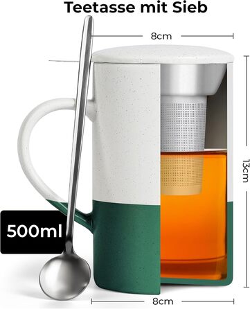 Набір чашок для чаю Miamio 2 шт по 500 мл з кришкою та ситом, керамічні чайники з чайним ситом та ложкою для заварювання листового чаю, подарунок для жінок, безпечні для мікрохвильової печі та посудомийної машини (Темно-зелений)