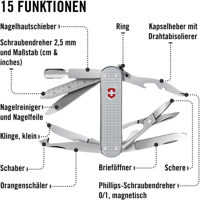 Швейцарський ніж Victorinox Mini Champ Alox: багатофункціональний інструмент, 15 функцій, Swiss Made, з відкривачем листів, відкривачем пляшок, інструментом для зачистки дротів, сріблястого кольору