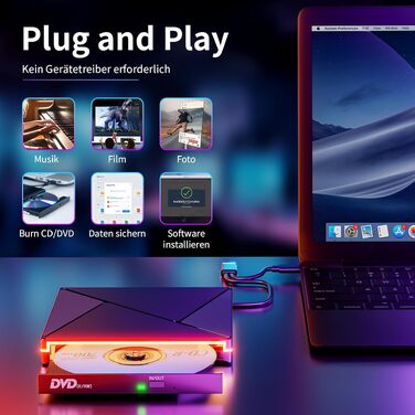 Зовнішній CD/DVD привід USB 3.0 та USB-C, оптичний накопичувач CD/DVD +/-RW ROM Brenner з RGB підсвіткою для ноутбука, ПК, MacBook, Windows та MacOS