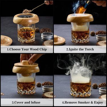 Набір для димування коктейлів та віскі – 6 видів деревини, ліхтарик, генератор диму (без бутану) – покращений нагрівач, 2 форми для льоду, 6 гранітних каменів