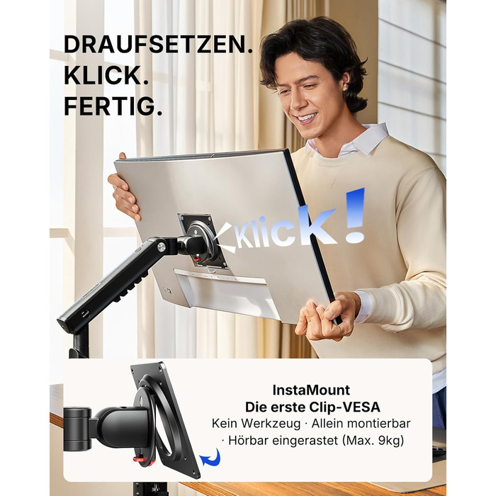 Кронштейн для монітора HUANUO FlowLift Pro MechaSpring, 13-32 дюйми, до 9 кг, регулювання нахилу, повороту та обертання, VESA 75/100 мм, для геймінгу та офісу