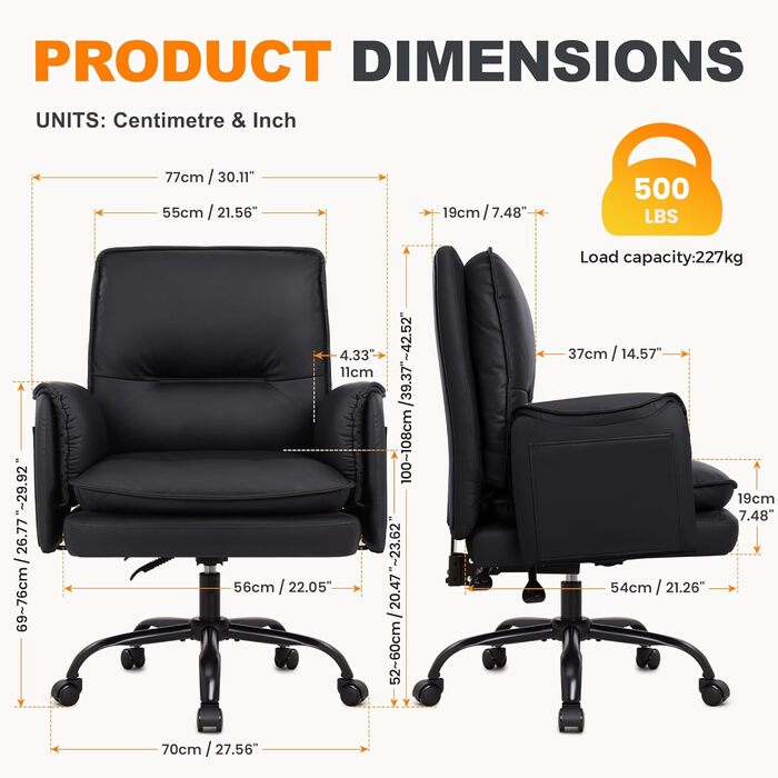 Офісний крісло IWMH з PU шкіри, ергономічне, регульоване, з підлокітниками та реклінером (90-135°), чорне