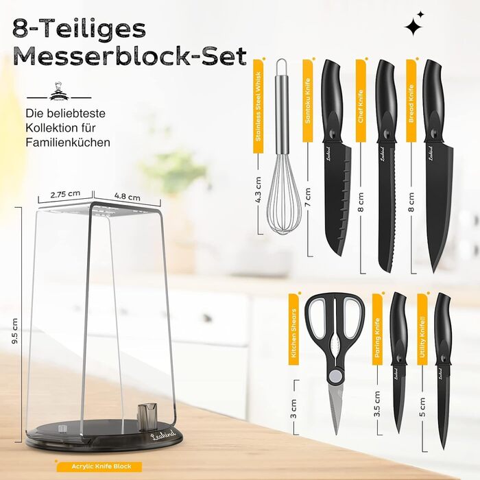 Набір кухонних ножів Messerblock Set, 8 предметів: ножі, ножиці, підставка для ножів. Ідеально для нарізання м'яса та овочів. Прозора підставка.