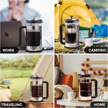 French Press WedRink: Френч-прес з нержавіючої сталі 1л для кави та чаю, з боросилікатного скла