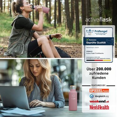 Фляга для води з нержавіючої сталі з трубочкою та інфузером, 3 кришки: BPA-free, не протікає, підходить для газованої води - спортивна фляга, термофляга, ізотермос, 530 мл, рожевий колір бамбук