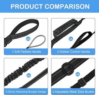 Міцна тактична повідок для собак Chioratree для середніх та великих собак, амортизуюча повідок-банджі з 2 м'якими ручками, страхувальний ремінь для авто, світловідбиваюча повідок для собак, Рожевий (1.2м-1.8м, Чорний)