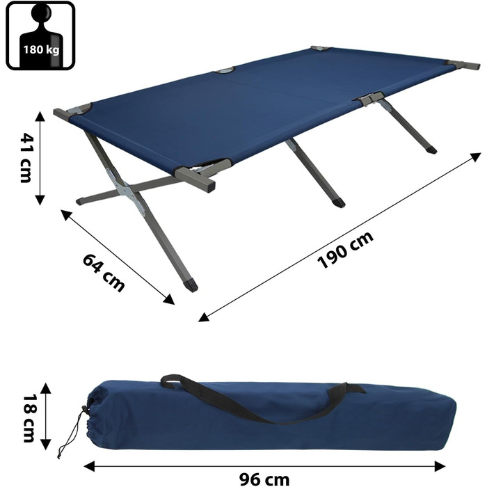 BB Sport Розкладне ліжко для кемпінгу - сталеве, 190x64x41 см, 180 кг, з сумкою (блакитне)
