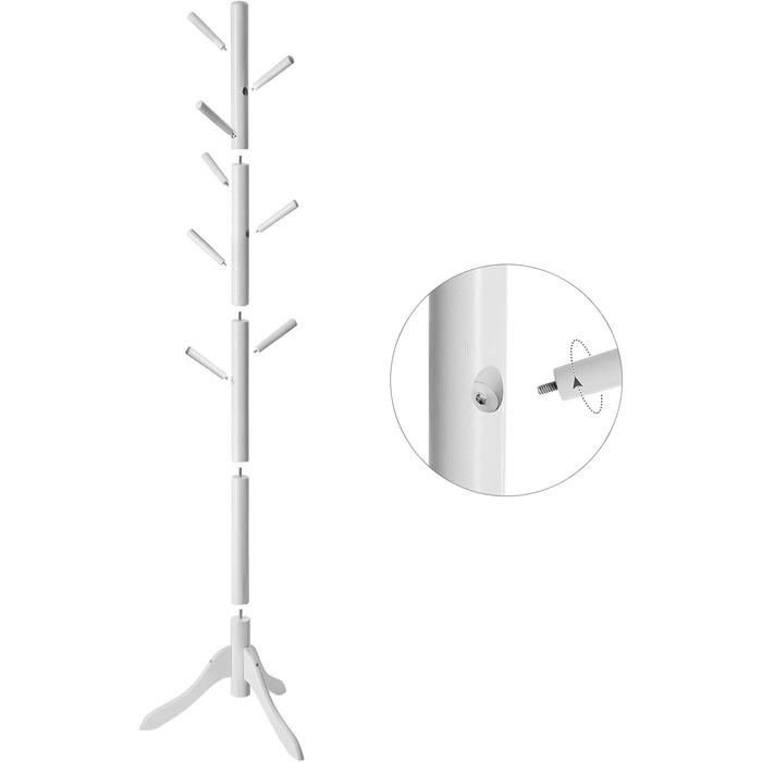 VASAGLE Coat Rack, Solid Wood Clothes Rack, Coat Stand with 8 Hooks, Tree Shape, 3 Adjustable Heights, for Coats, Jackets, Bags, for Entryway, Bedroom, RCR01GY (White)