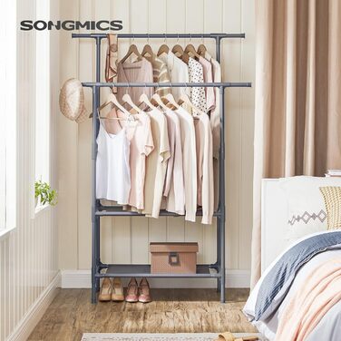 SONGMICS Стійка для одягу металева, з 2 перекладинами та 2 полицями, біла, до 70 кг, RDR02WT (Сірий)