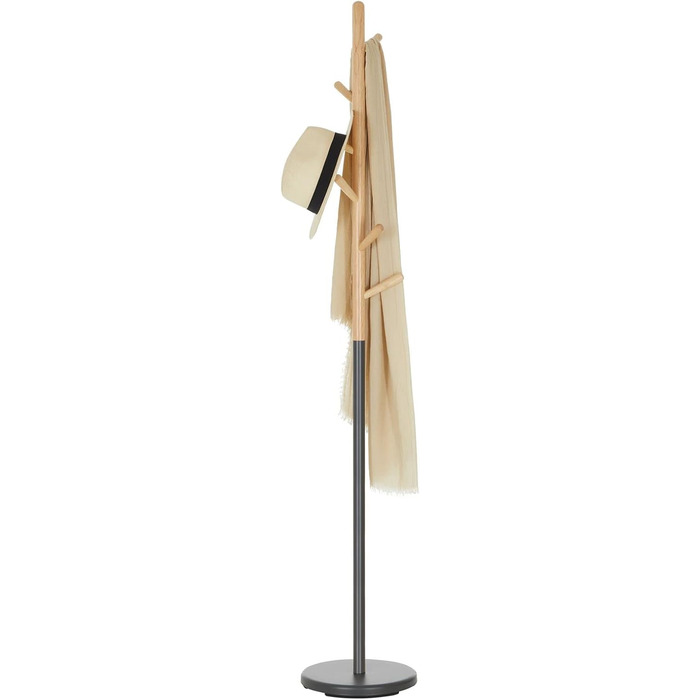 IDIMEX Clothes Rack Enrico, Elegant Standing Coat Rack with 6 Hooks, Beautiful Coat Stand made of Metal and Pine Wood in White/Natural (Grey/Natural)
