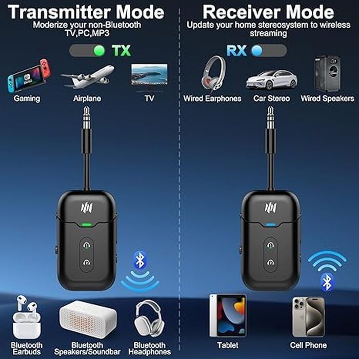 Bluetooth-адаптер 2-в-1 для літака (трансмітер та ресивер) з підтримкою aptX, роз'єм 3.5 мм Jack, версія 5.4, чорний