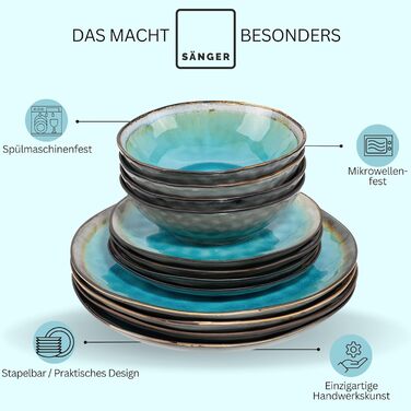 SÄNGER | Capri Tableware Service, 24-Piece Plate Set for 8 People, Stoneware Dinnerware Plates Set Dessert Plates Dinner Plates & Bowls, Handmade Plates, Turquoise Blue Dinner Service with Grey Rim, 24-Piece Tableware Set