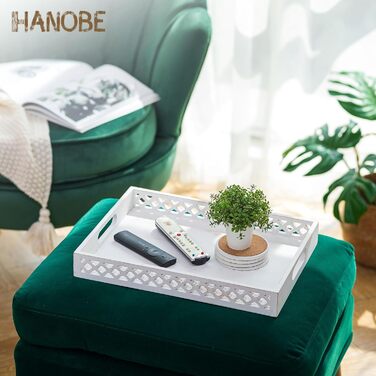 Hanobe Serving Tray Wooden Tray Decor Tray: Rectangular farmhouse decor tray wood white with handle white candle tray for coffee table tealight kitchen table