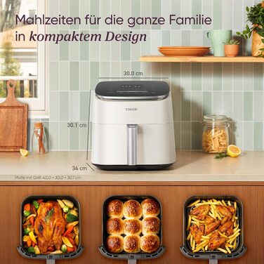 Фритюрниця Cosori Turboblaze Airfryer 9-в-1: смаження, випікання, гриль, обсмажування, 6л, тихий DC мотор, 87 рецептів, білий