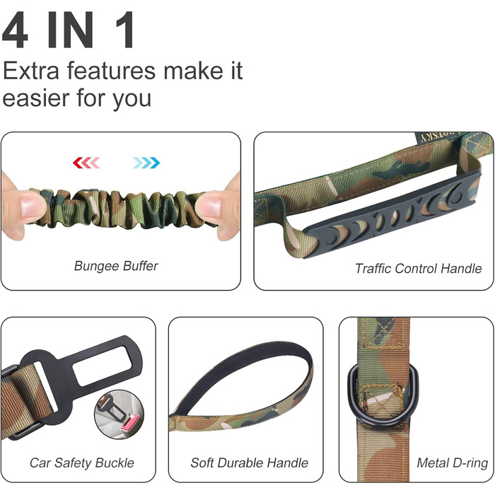 Міцна собача повідок-рулетка, камуфляжна військова повідок з автофіксатором для великих собак до 68 кг, 1,8 м, амортизуюча, з подвійним руків'ям, тактична повідок для собак