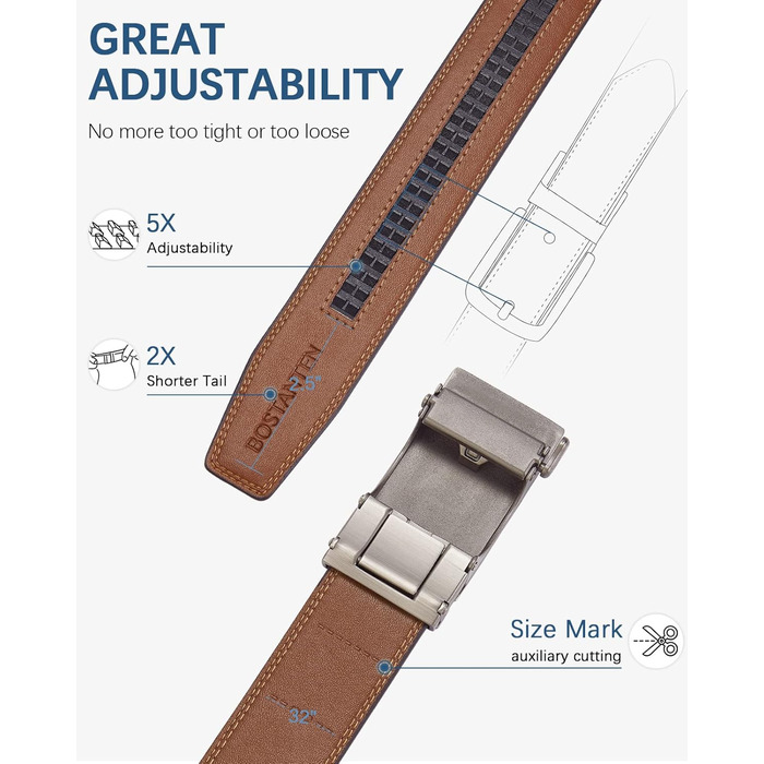 Чоловічий шкіряний ремінь Bostanten з автоматичною застібкою-ратом, 35 мм, регульований розмір, довжина 115 см, колір коричневий