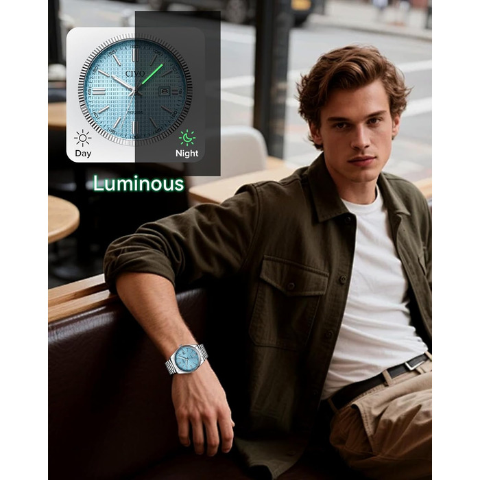 Чоловічий годинник CIVO з нержавіючої сталі: аналоговий годинник для бізнесу з датою, що світиться - водонепроникний для роботи та відпочинку. Стильний подарунок для чоловіків (сріблястий, синій)