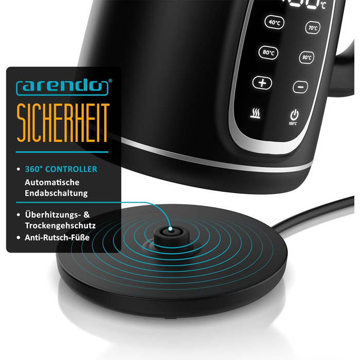 Електричний чайник Arendo зі скляною колбою, регулюванням температури, нержавіючою сталлю, подвійними стінками (Cool Touch), дисплеєм, бездротовим підключенням, 2200 Вт, 1,7 л, захистом від перегріву, функцією підтримання тепла, чорний