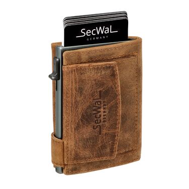 Шкіряний картхолдер SecWal з монетницею та RFID-захистом, коричневий (Hunter Brown) — компактний гаманець з кнопкою для чоловіків та жінок, Made in Germany