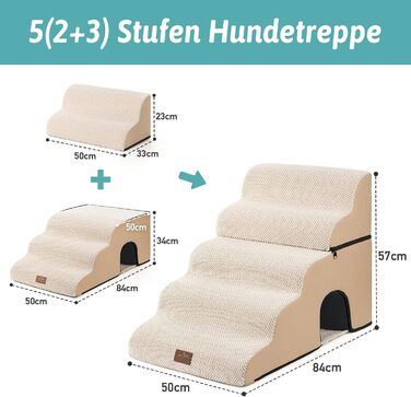 Dog Stairs for Small Dogs, Pet Stairs for Loft Bed made of High-Density Foam, Dog Stairs Dog Ramp with Washable Cover (83x50x57cm-Hole, 5.0) (Beige)