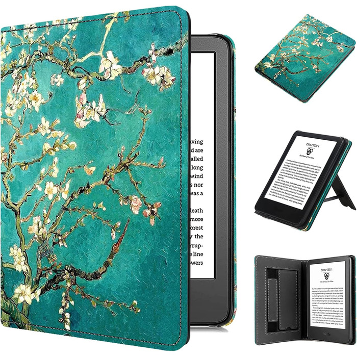 Чохол TOKILO для Kindle 6' eReader (11-те покоління 2024/2022), преміум шкіряний чохол з авто-ввімкненням/вимиканням, підставка, кишеня для карток, чорний (квіт Aprikosenblüte)