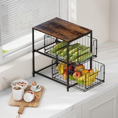 Meltrck Spice Rack and Kitchen Organizer, 2-Tier Pull Out Kitchen Organizer, Metal and Wood Composite for Kitchen, Countertop, Pantry, and Dining Room (Vintage Brown)